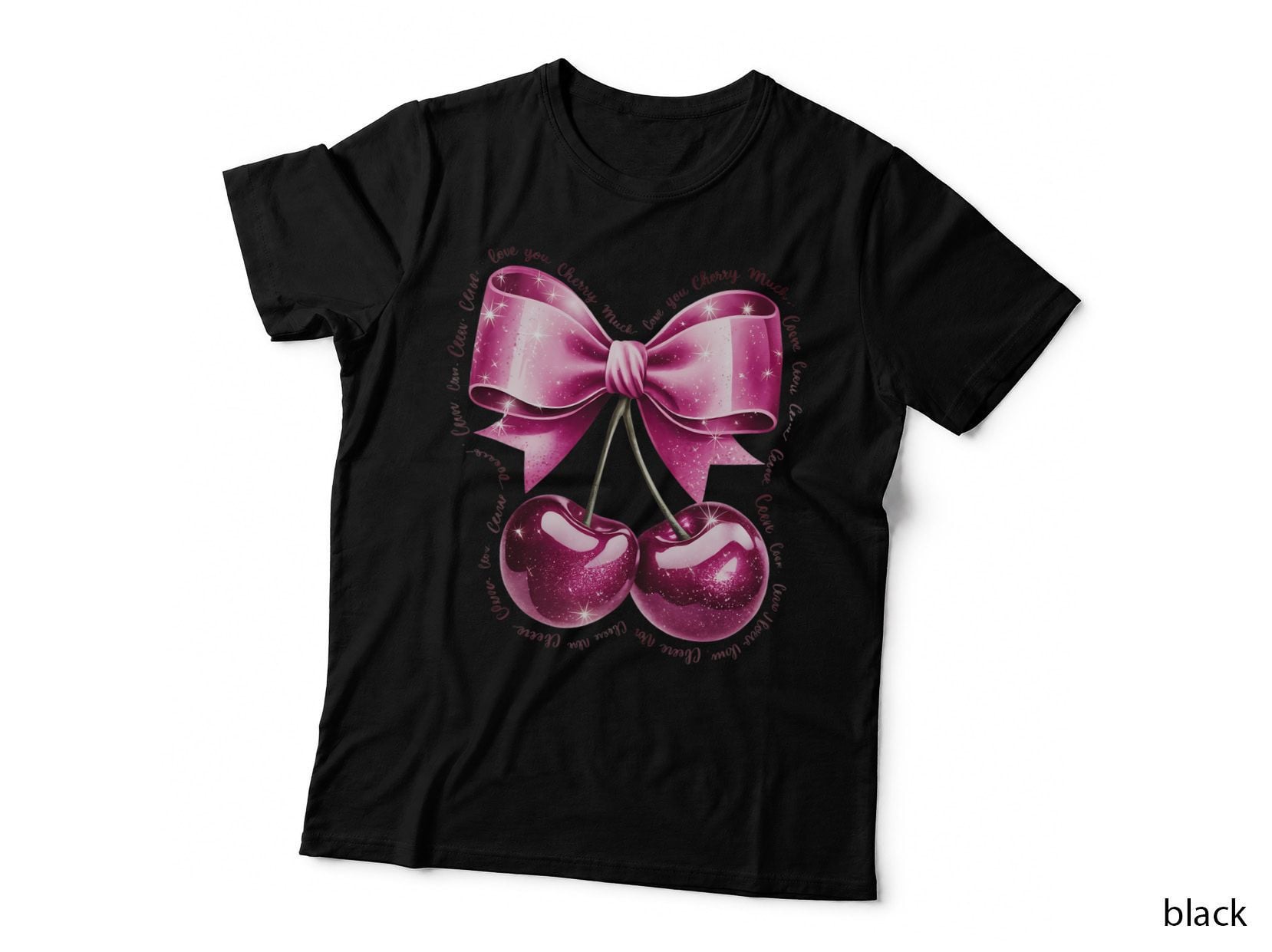 Coquette Bow Calm You Cherish Much Glitter Sparkle Cherry Hearts Pink T-Shirt