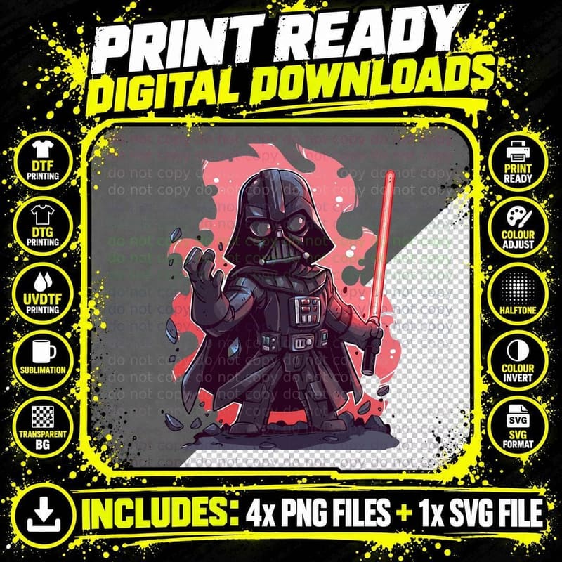 Darth Vader Chibi Villain Black Armor Cape Red Png SVG Digital Bundle