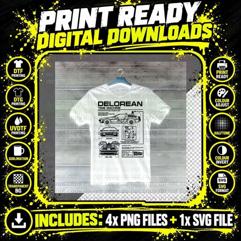 Delorean Time Machine Black T-Shirt Technical Blueprint Png SVG Digital Bundle