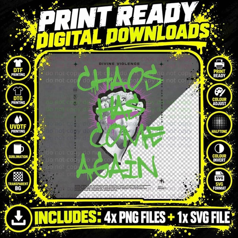 Divine Violence Chaos Has Come Again Green Purple White Png SVG Digital Bundle