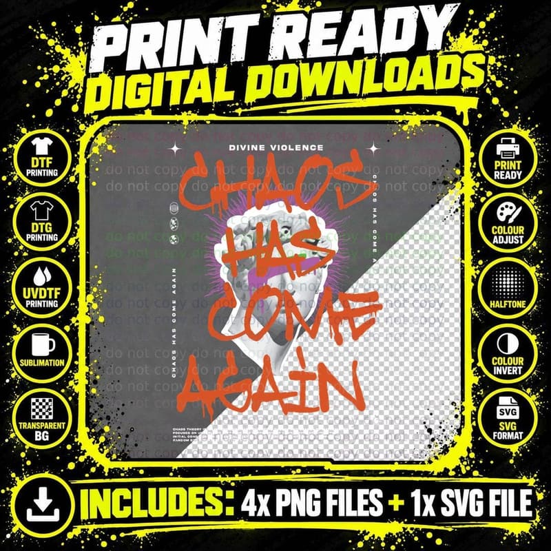 Divine Violence Chaos Has Come Again Orange Red White Png SVG Digital Bundle