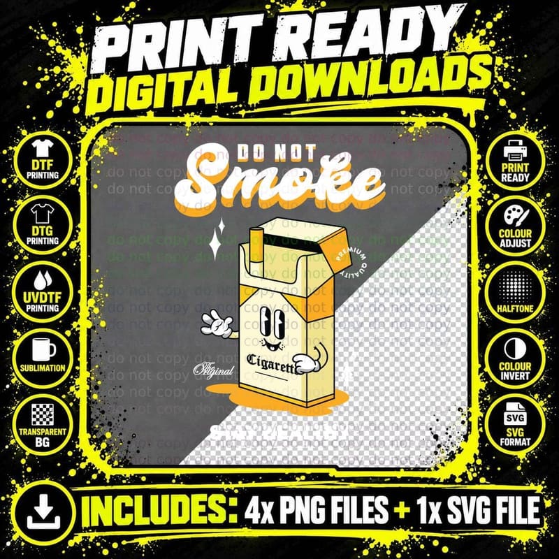 Do Not Smoke Smokee Stay Healthy Cigarette Box Yellow Png SVG Digital Bundle