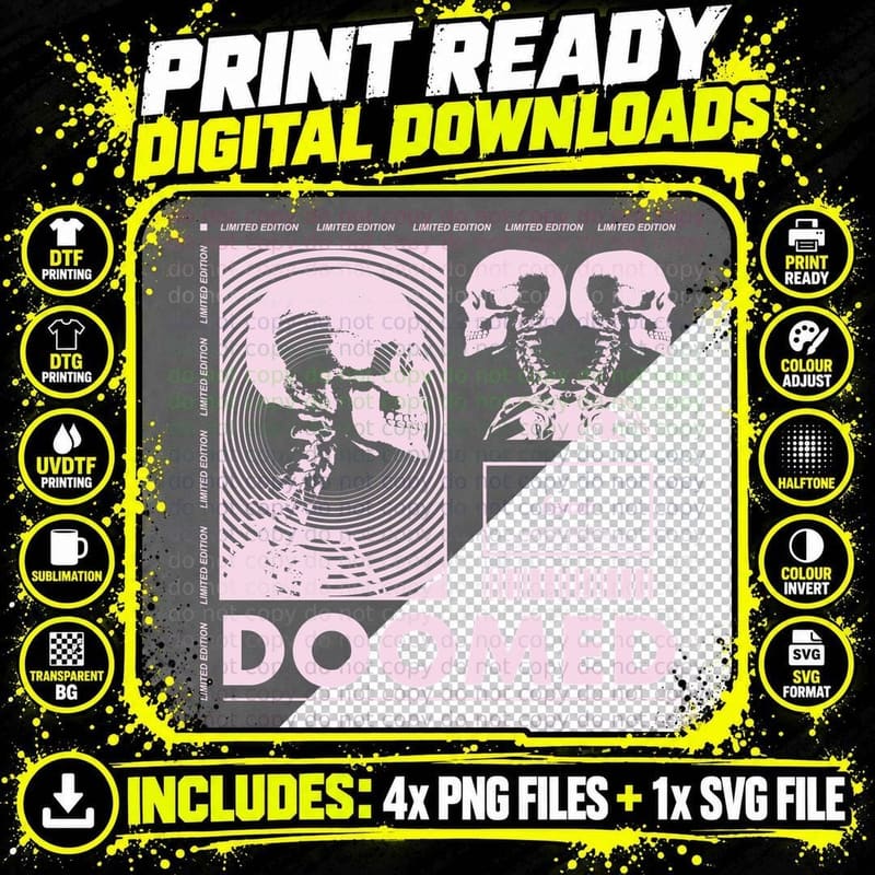 Doomed Limited Edition Fear Pink Skulls Halftone Bones Png SVG Digital Bundle
