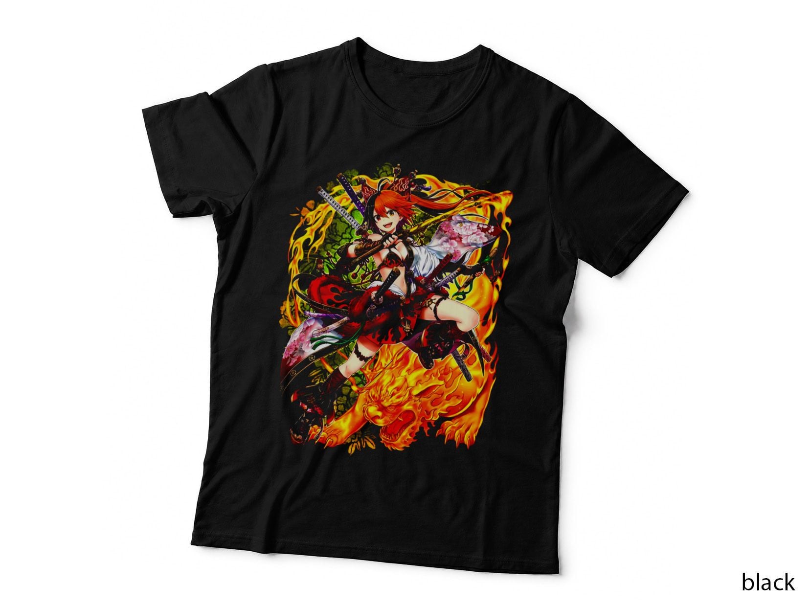 Fire Warrior Red-Haired Girl Orange Flames Dynamic Effects T-Shirt