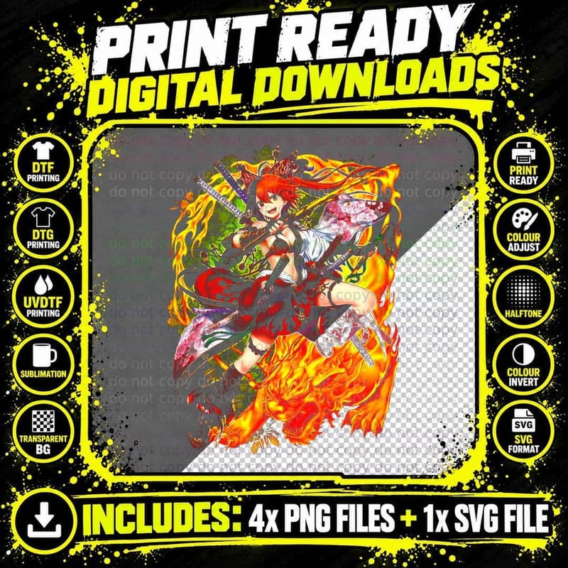 Fire Warrior Red-Haired Girl Orange Flames Dynamic Png SVG Digital Bundle
