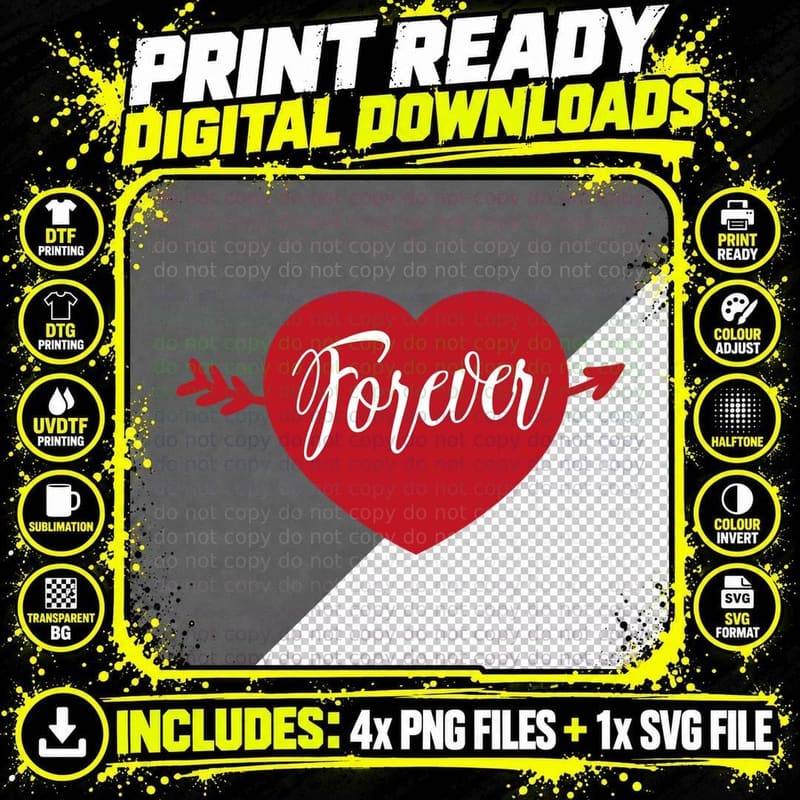 Forever Love White Script Red Heart Arrows T-Shirt Png SVG Digital Bundle