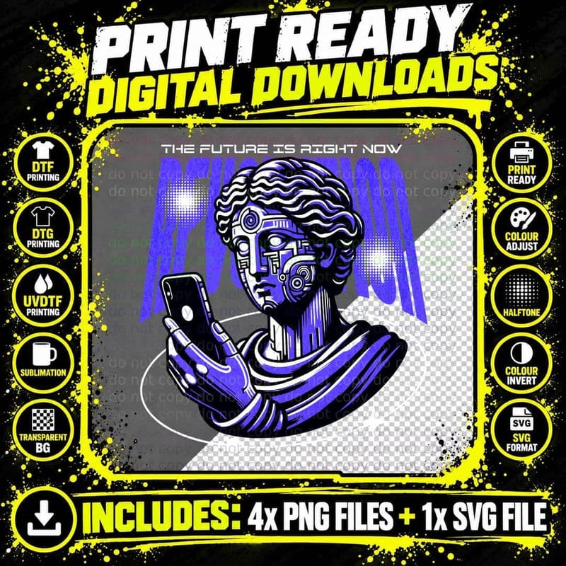 Future Is Right Now Head Cyborg Blue Purple Futuristic Png SVG Digital Bundle