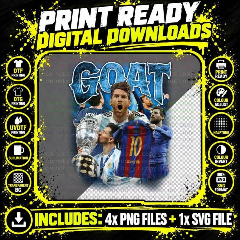 GOAT Footballer with Trophy and Team Collage Blue Shirt Png SVG Digital Bundle
