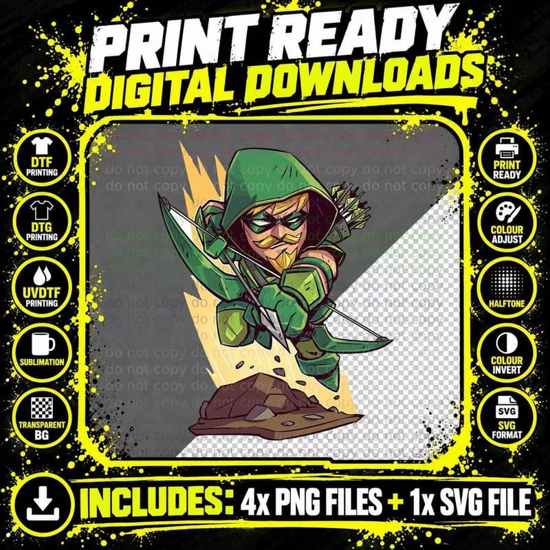 Green Arrow Chibi Archer Hero Hood Costume Bow and Png SVG Digital Bundle