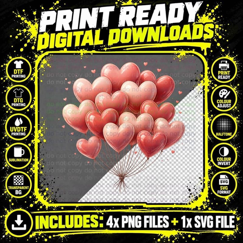 Heart Balloons Red and Pink Cluster T-Shirt Png SVG Digital Bundle