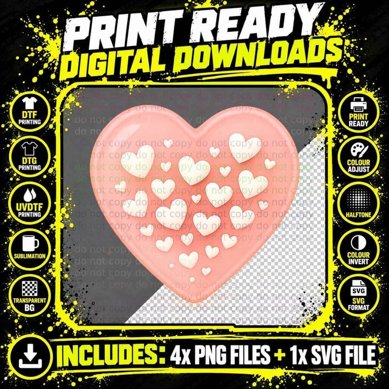 Heart Pink Filled with White Hearts Scattered T-Shirt Png SVG Digital Bundle