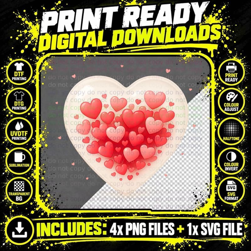 Heart White Filled with Red Hearts Scattered T-Shirt Png SVG Digital Bundle