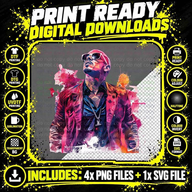Heavily Tattooed Male in Leather Jacket Face and Neck Png SVG Digital Bundle