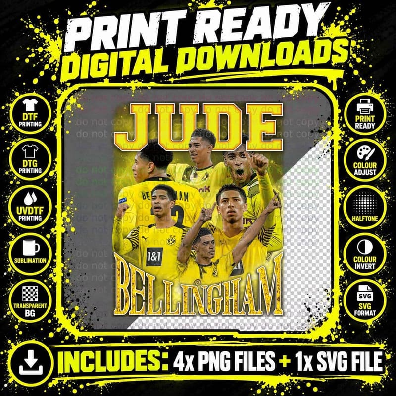 Jude Bellingham Dortmund Team Collage Yellow Dynamic Png SVG Digital Bundle
