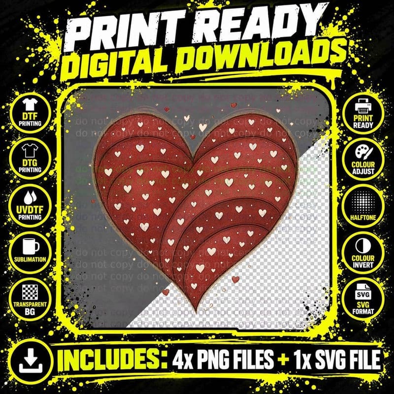 Layered Heart Deep Red Polka Dot Scattered T-Shirt Png SVG Digital Bundle