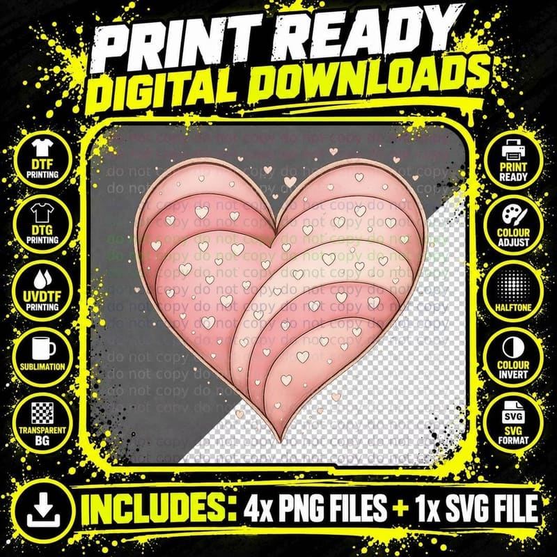 Layered Heart Pink with White Hearts Scattered T-Shirt Png SVG Digital Bundle