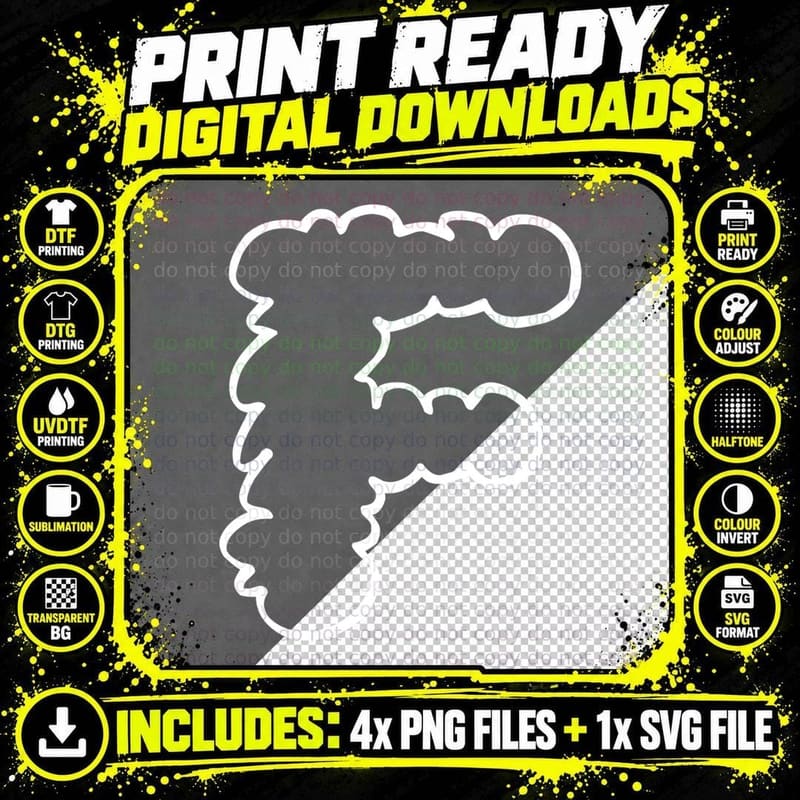 Letter F Cloud Bubble Outline Black Font 02 T-Shirt Png SVG Digital Bundle