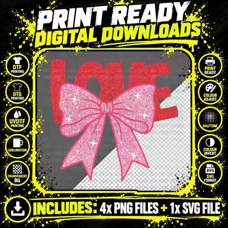 Love Bow Text Glitter Pink Sparkle T-Shirt Png SVG Digital Bundle