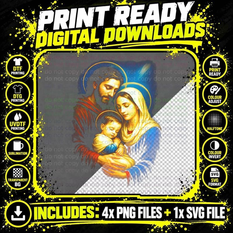 Madonna and Child Gold Blue Halftone Religious Sacred Png SVG Digital Bundle