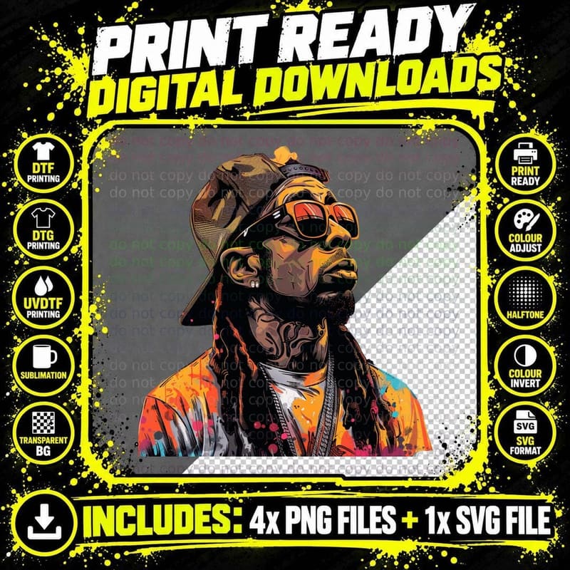 Male in Camo Bucket Hat Orange Sunglasses Dreadlocks Tie Png SVG Digital Bundle