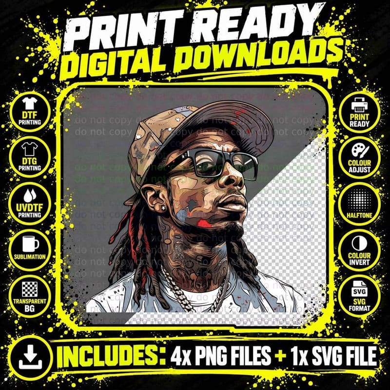 Male in Patterned Bucket Hat Black Sunglasses Dreadlocks Png SVG Digital Bundle