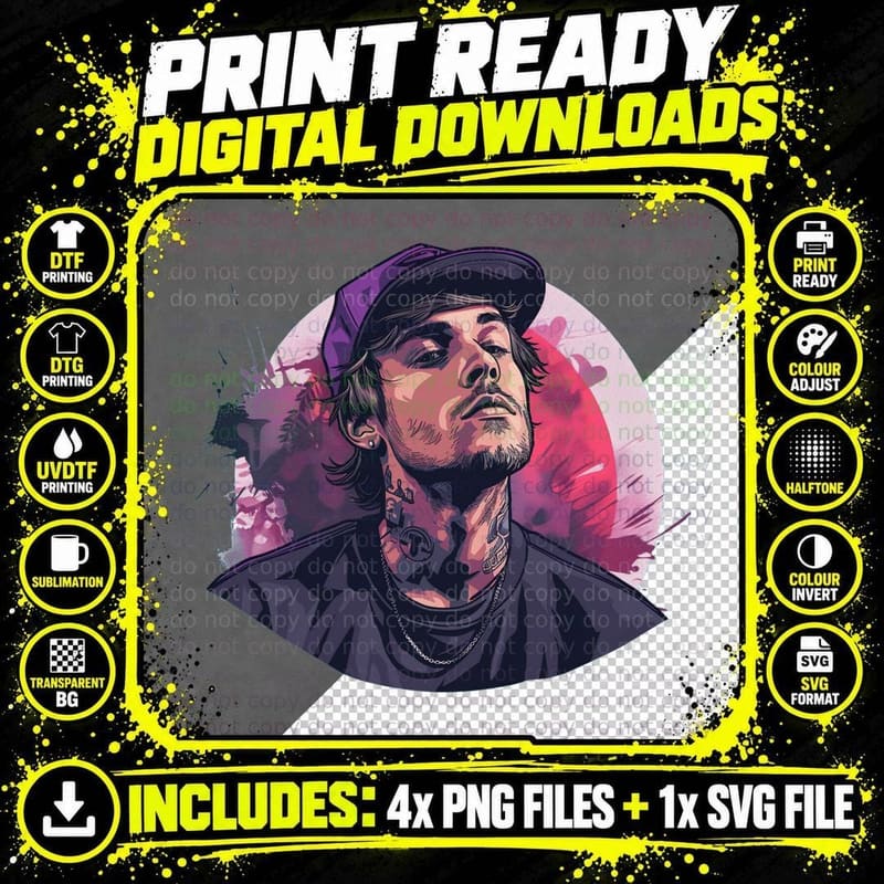 Male in Purple Cap Neck Tattoos Cross Pendant Chain Pink Png SVG Digital Bundle