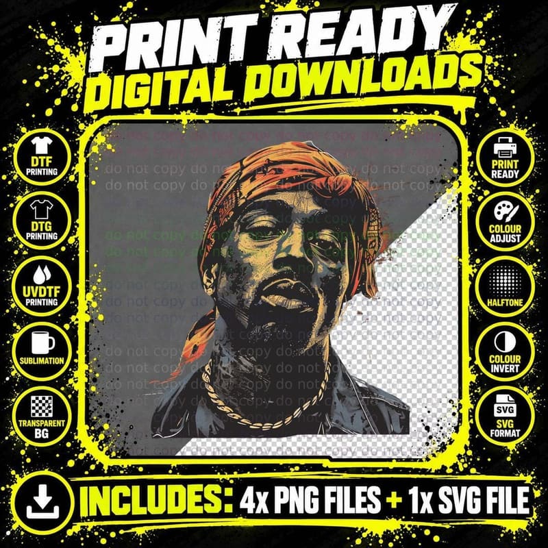 Male with Bandana Orange Headwrap Gold Chain Monochrome Png SVG Digital Bundle