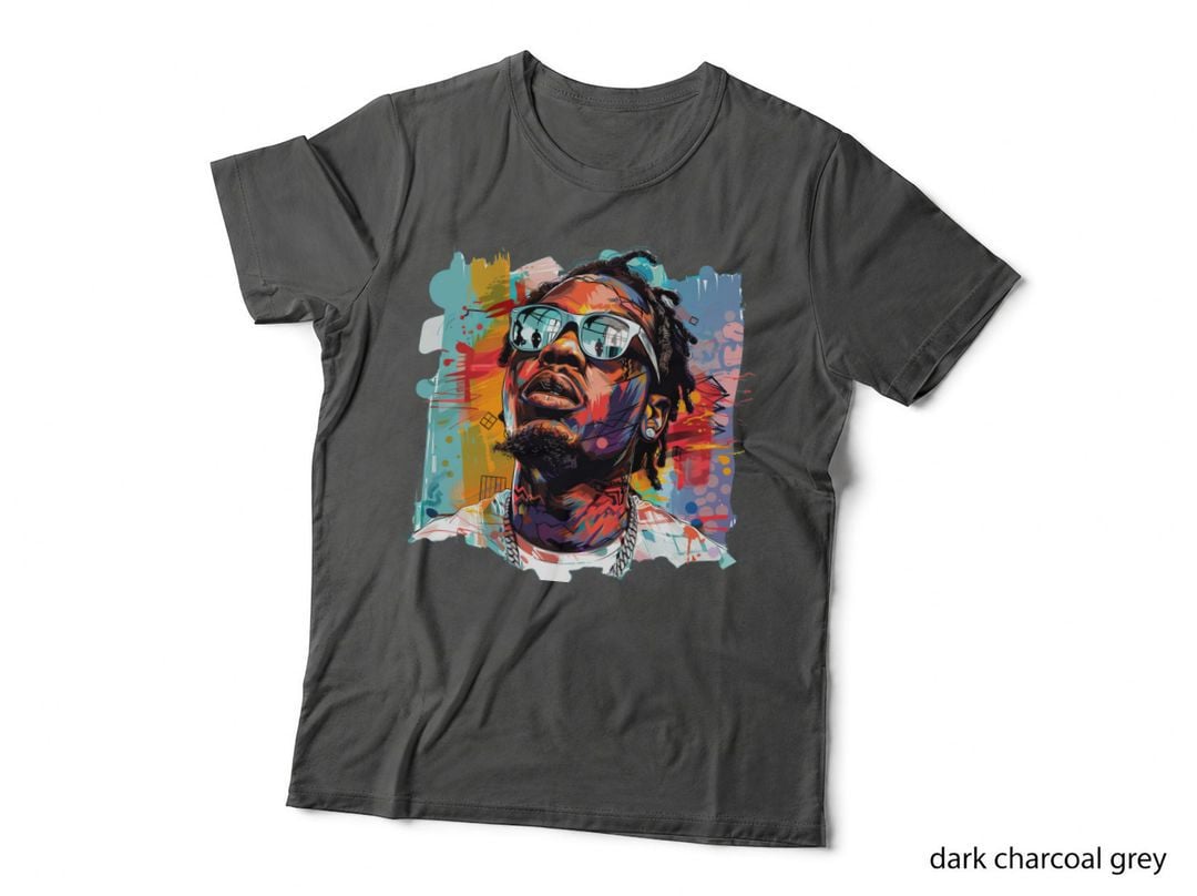 Male with Mirrored Sunglasses Dreadlocks Cityscape Reflected in Colorful T-Shirt