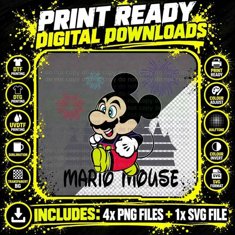 Mario Mouse Black Round Ear Costume Fireworks Castle Png SVG Digital Bundle
