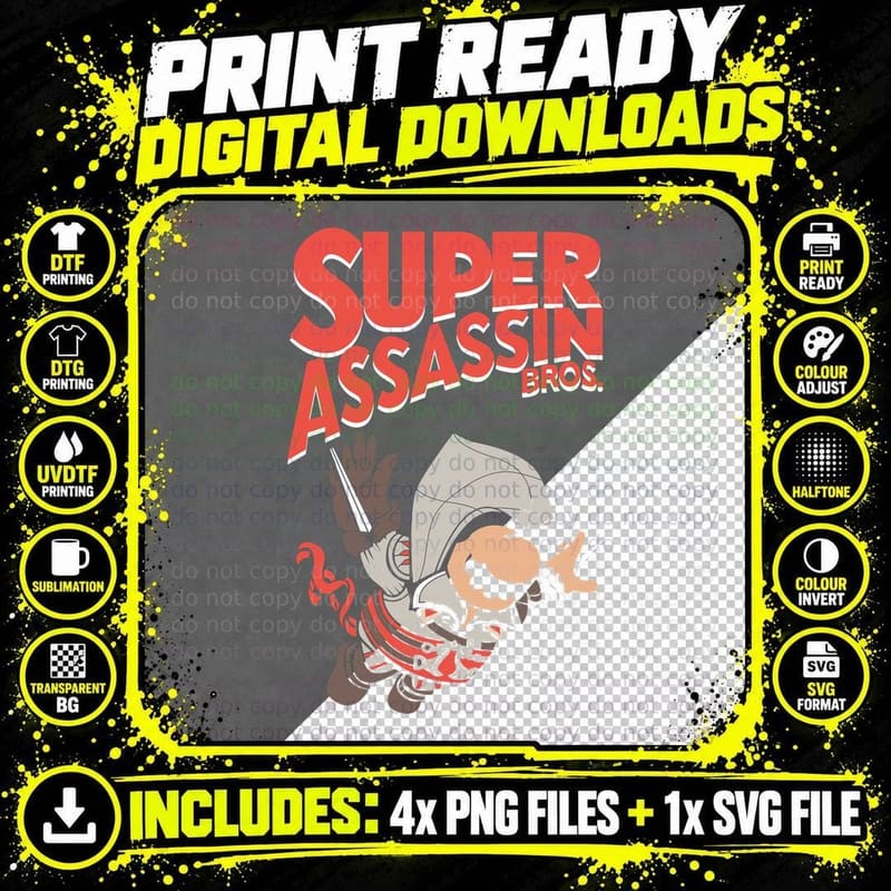 Mario as Assassin Super Bros Assassin's Creed Mashup Png SVG Digital Bundle