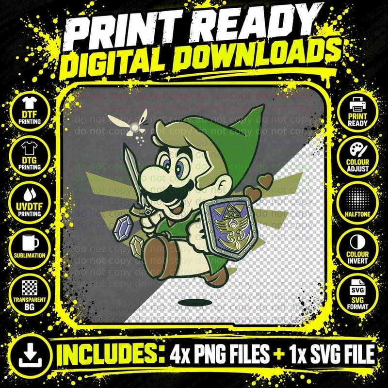Mario as Link Zelda Mashup Green Tunic and Cap Sword and Png SVG Digital Bundle