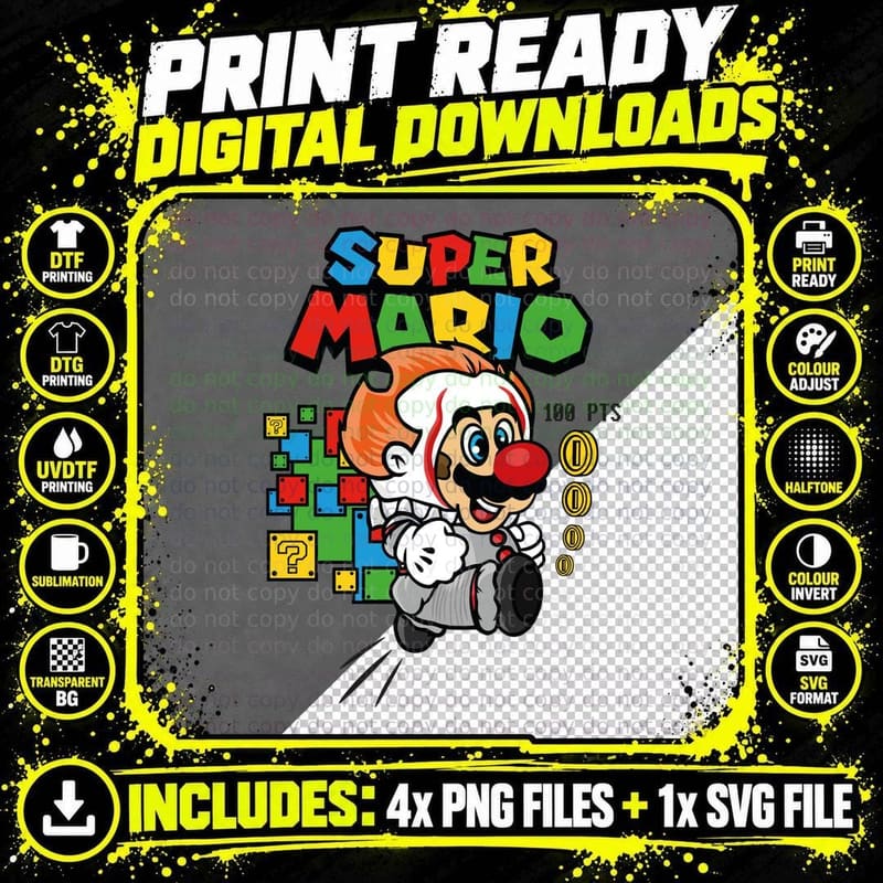 Mario in Clown Costume Super 100 Pts White Face Paint Png SVG Digital Bundle