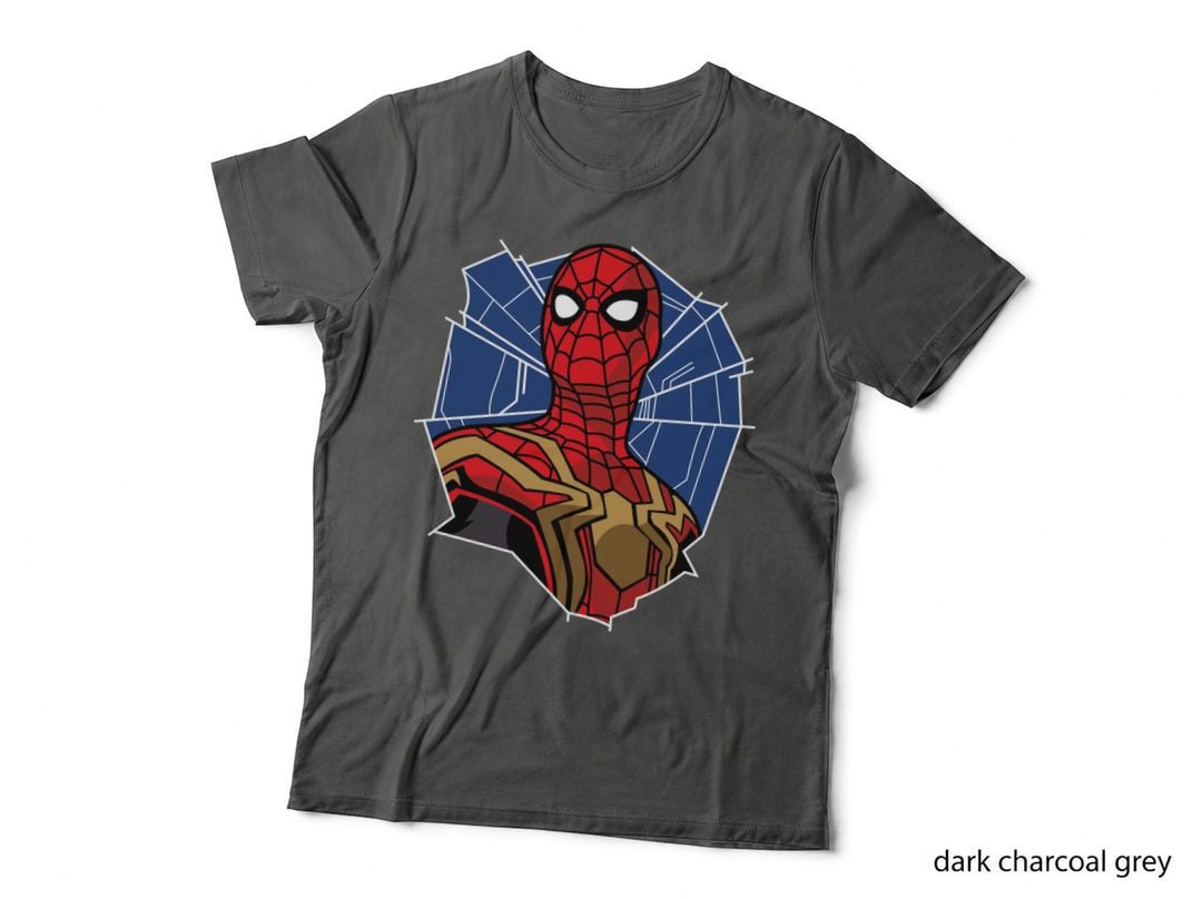 Masked Superhero Bust Red Gold Suit Web Pattern Blue Shattered Glass T-Shirt