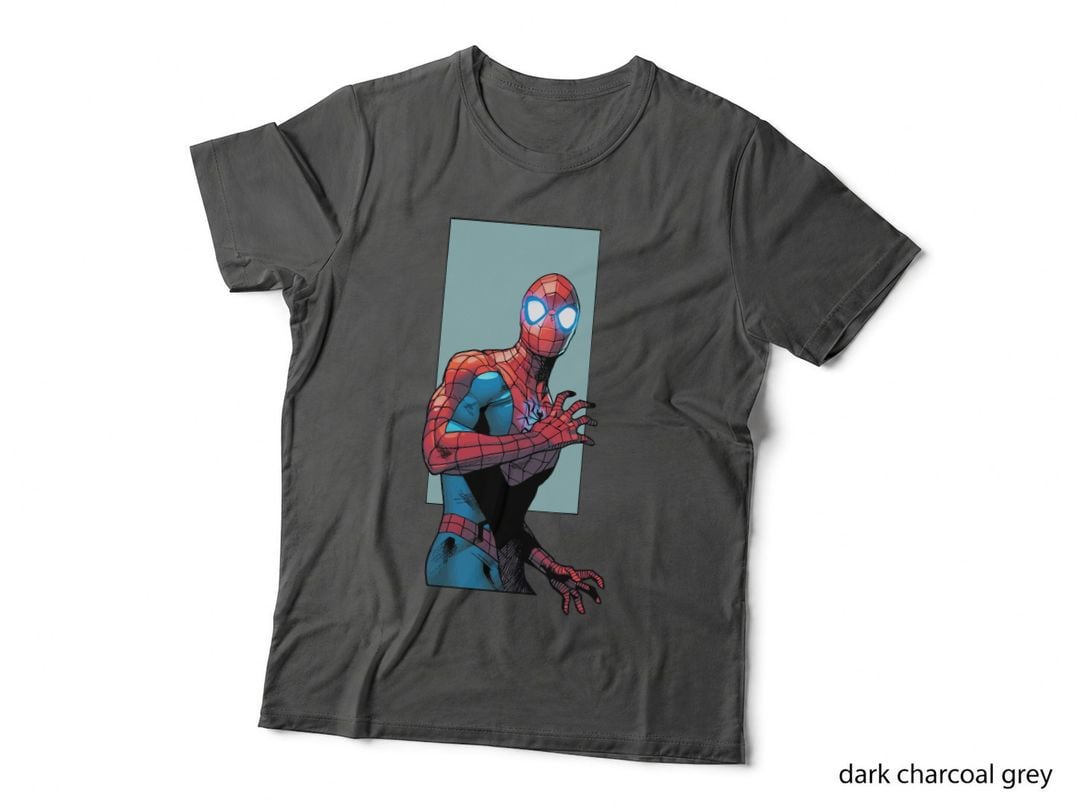 Masked Superhero Crouching Glowing White Eyes Blue Red Suit Dark Teal T-Shirt