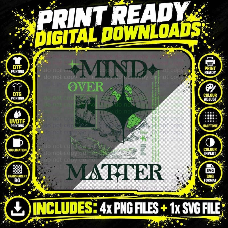 Mind Over Matter Green White Globe Grid Geometric T-Shirt Png SVG Digital Bundle