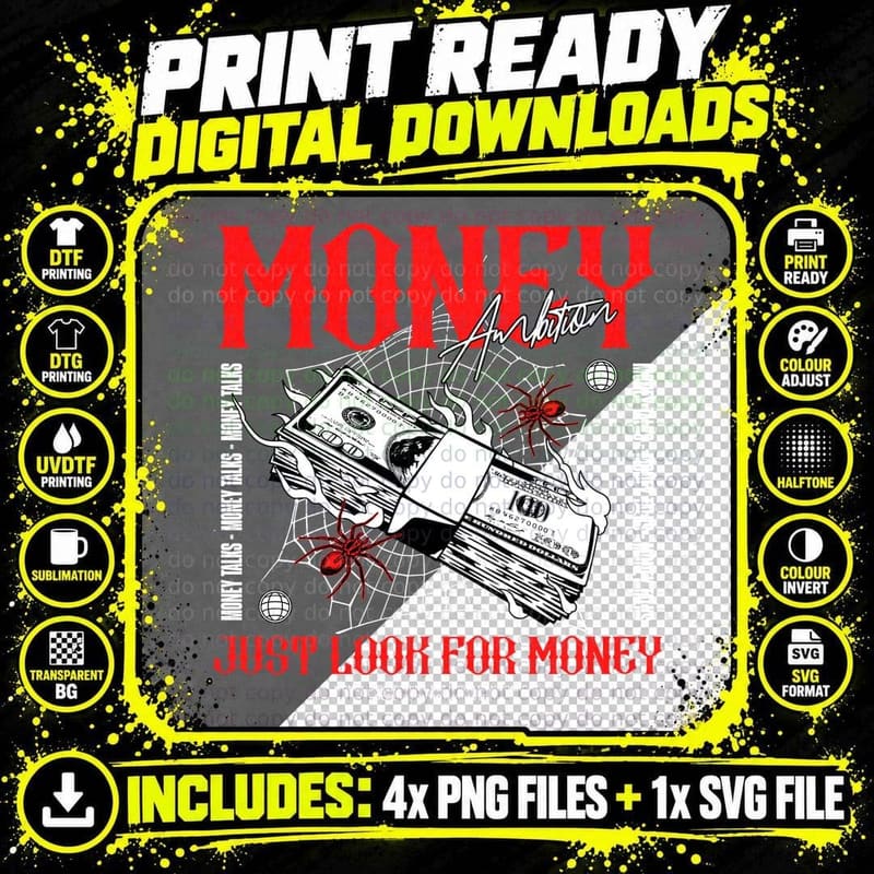 Money Ambition Just Look for Dollar Bills Spider Red Png SVG Digital Bundle
