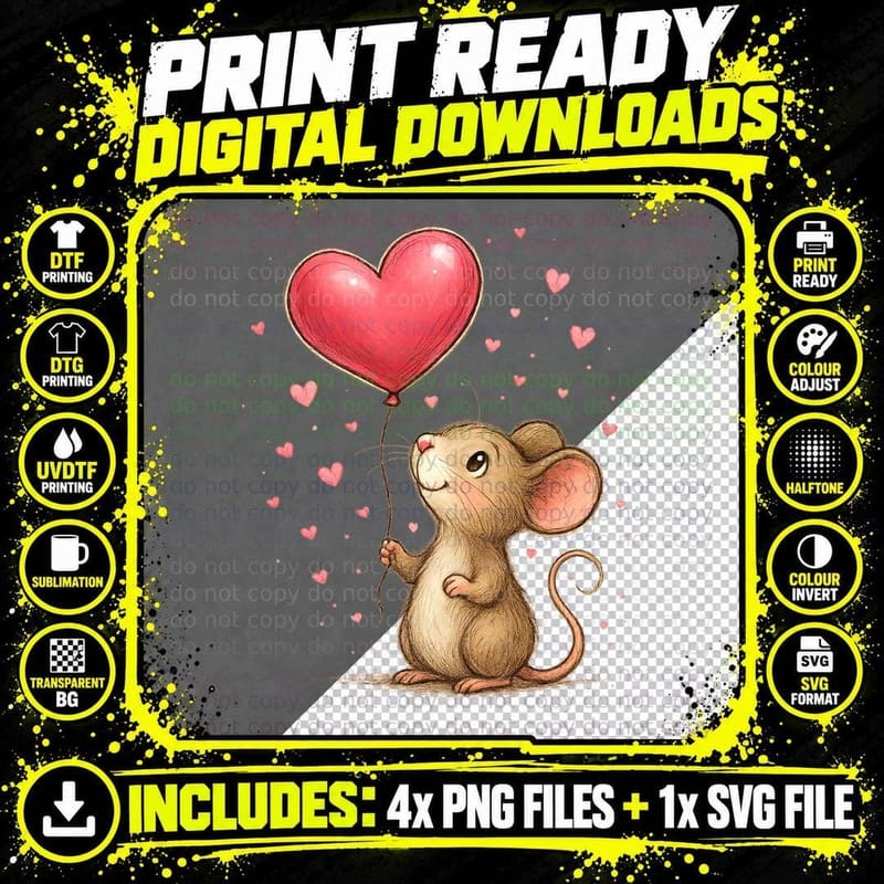 Mouse Brown Holding Pink Heart Balloon T-Shirt Png SVG Digital Bundle