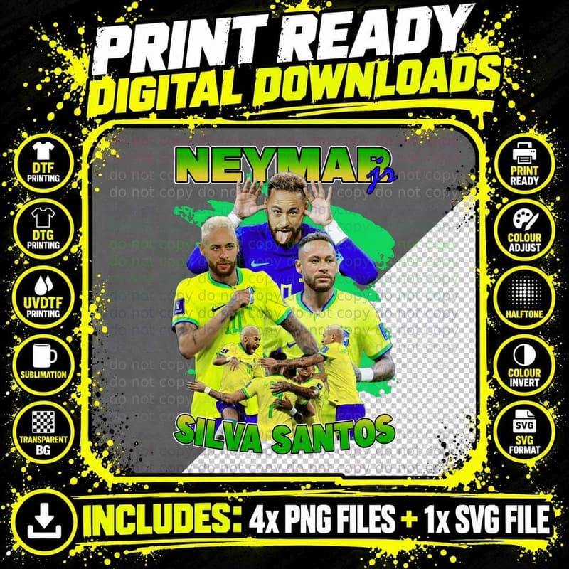Neymar Silva Santos Brazil Players Dynamic Green Yellow Png SVG Digital Bundle