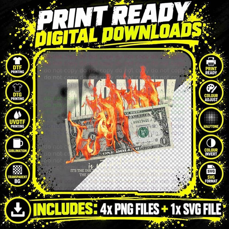 Not Just Currency Bills Fire Orange Ink Storytelling Png SVG Digital Bundle