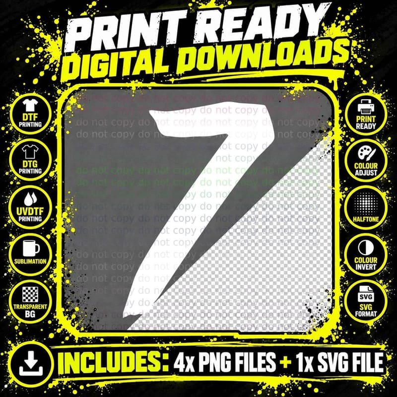 Number 7 Angled Seven Bold Black Font Minimal T-Shirt Png SVG Digital Bundle