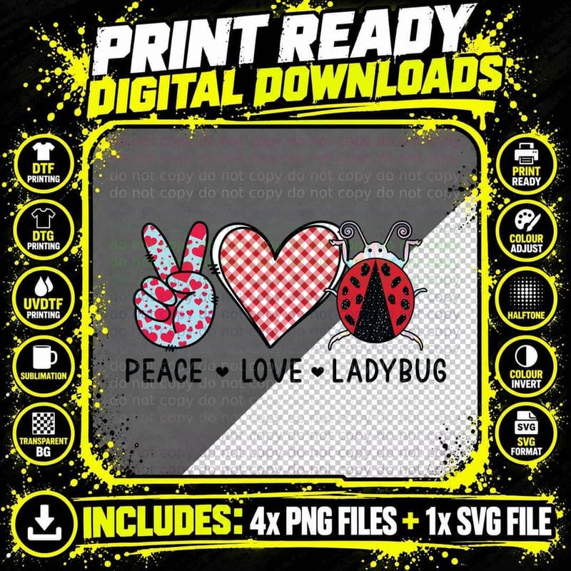 Peace Love Ladybug Sign Heart Cute Nature T-Shirt Png SVG Digital Bundle