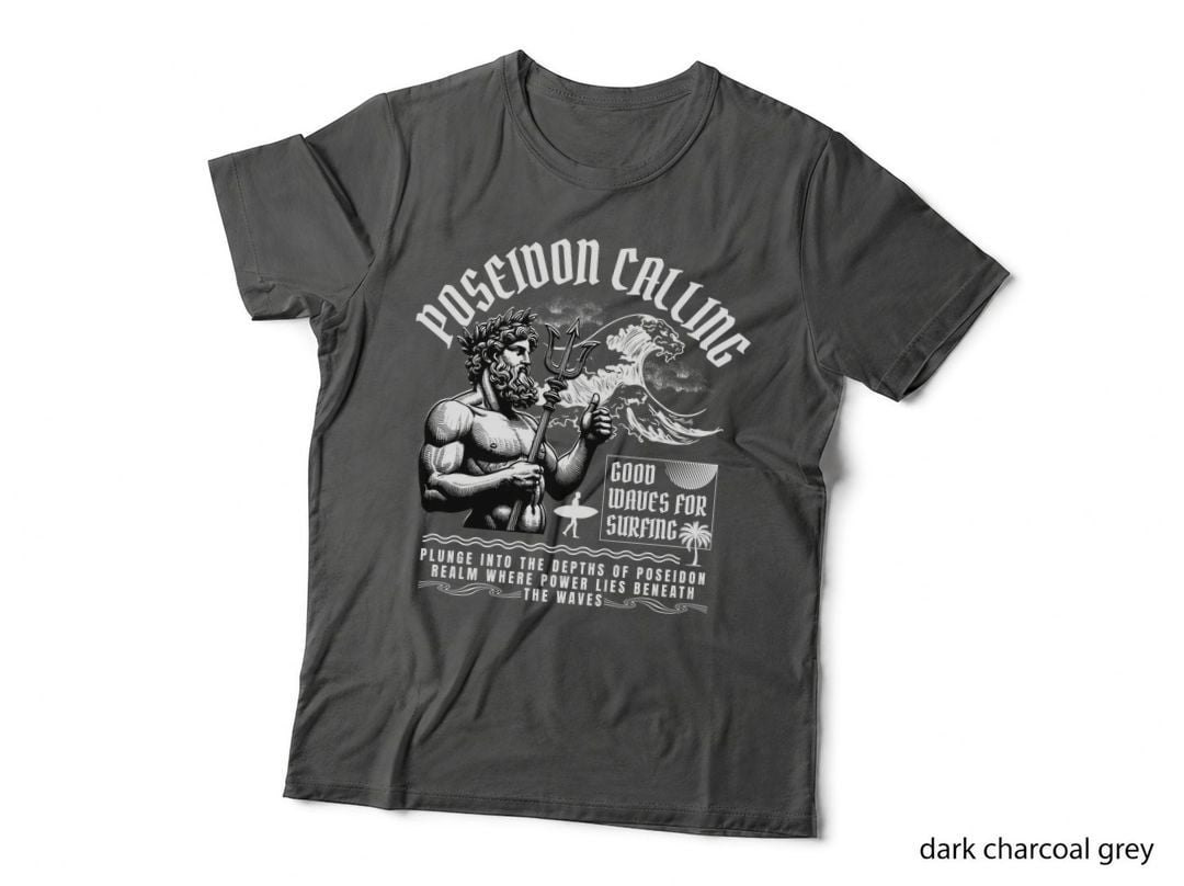 Poseidon Calling Plunge into the Depths Classical Trident White Black T-Shirt