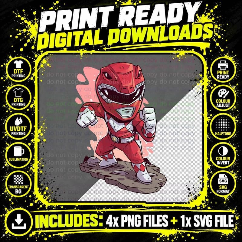 Red Power Ranger Chibi Fighting Pose Figure Stand White Png SVG Digital Bundle
