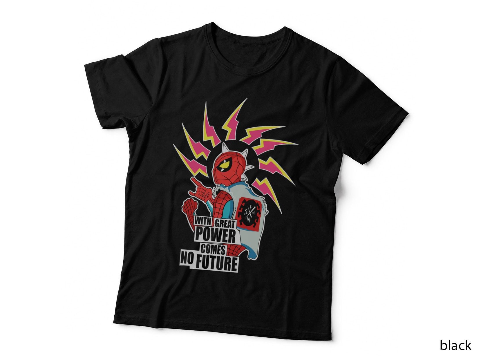Red Spider Mask Character with Great Power Comes No Future Pink Yellow T-Shirt