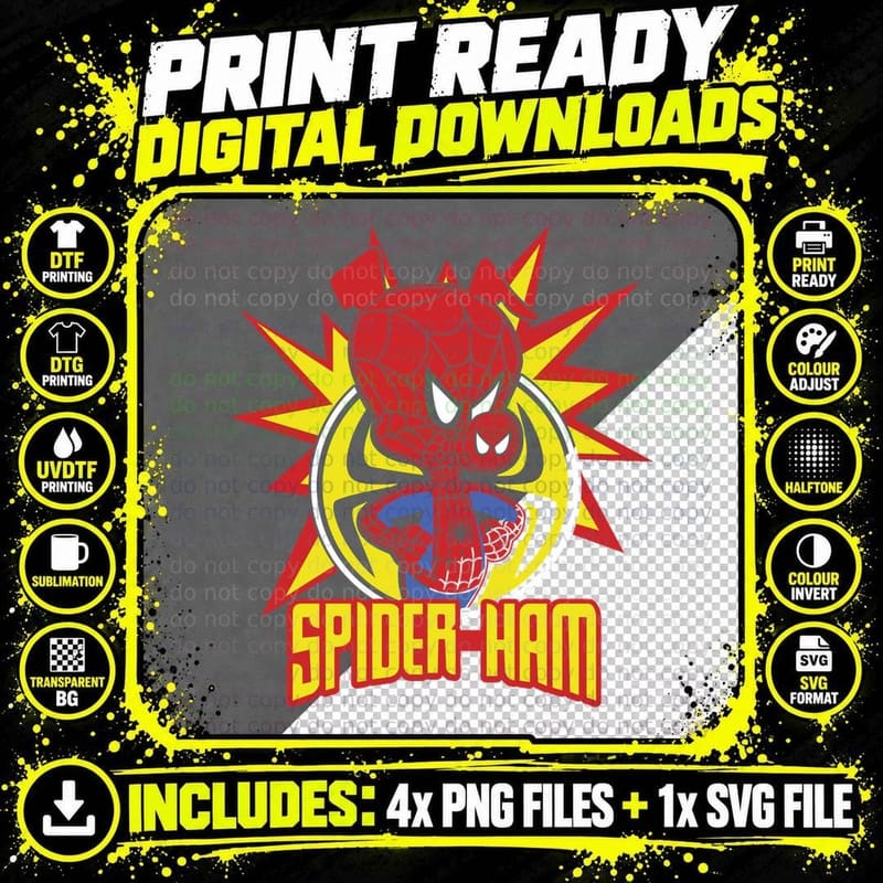 Spider Ham Chibi Pig Character Red Web Mask Yellow Png SVG Digital Bundle