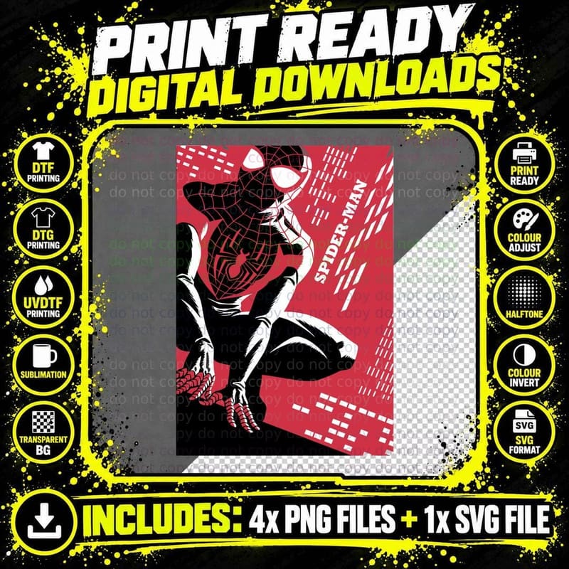 Spider-Man Black Red Silhouette Crouching Web Pattern Png SVG Digital Bundle