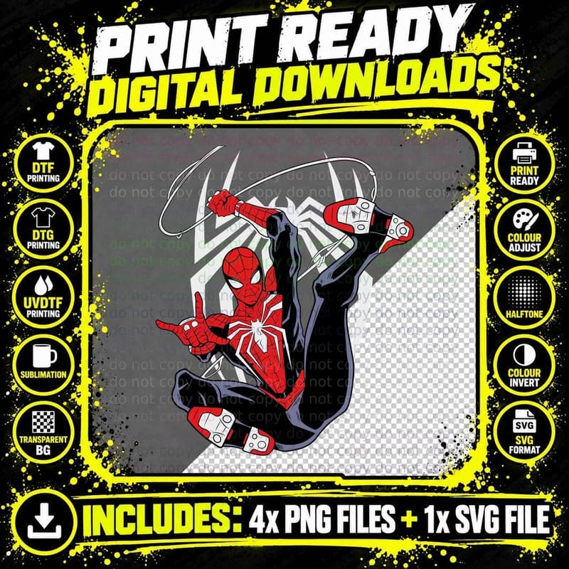 Spider-Man Black Red Suit Swinging Web Sling Logo Png SVG Digital Bundle