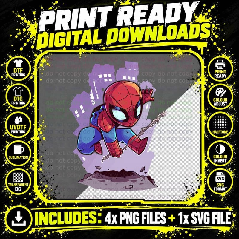 Spider-Man Chibi Superhero Web-Swinging Action Pose Png SVG Digital Bundle