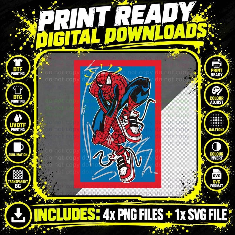 Spider-Man Crouching Red Sneakers Blue Border Streetwear Png SVG Digital Bundle