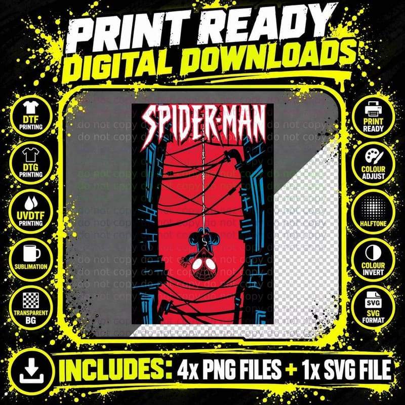 Spider-Man Dark Alley Scene Hanging Chibi Figure Red Png SVG Digital Bundle